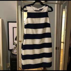 Navy/white stripe sleeves shift dress.
